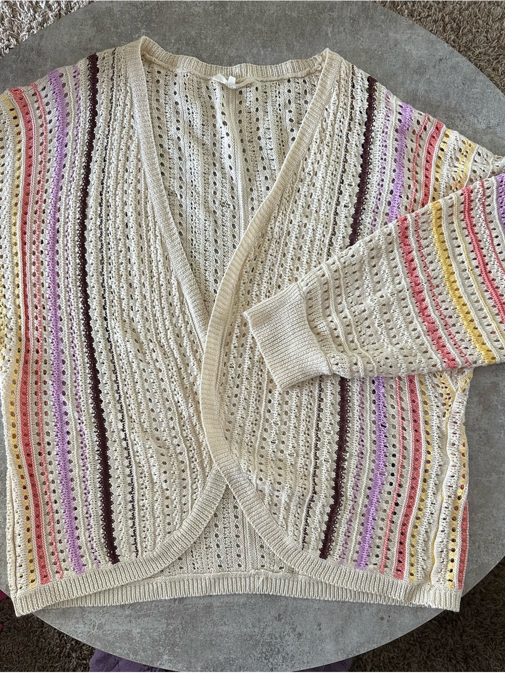 Cream Open-Weave Stripe Accent Cardigan